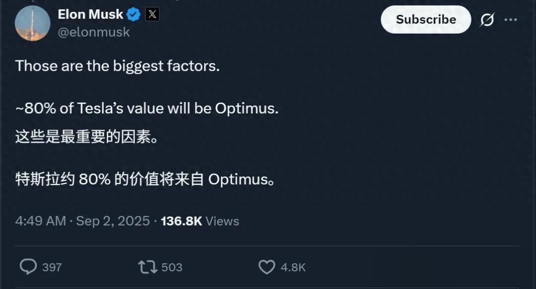 马斯克发布《宏伟蓝图4》:特斯拉80%价值在于机器人