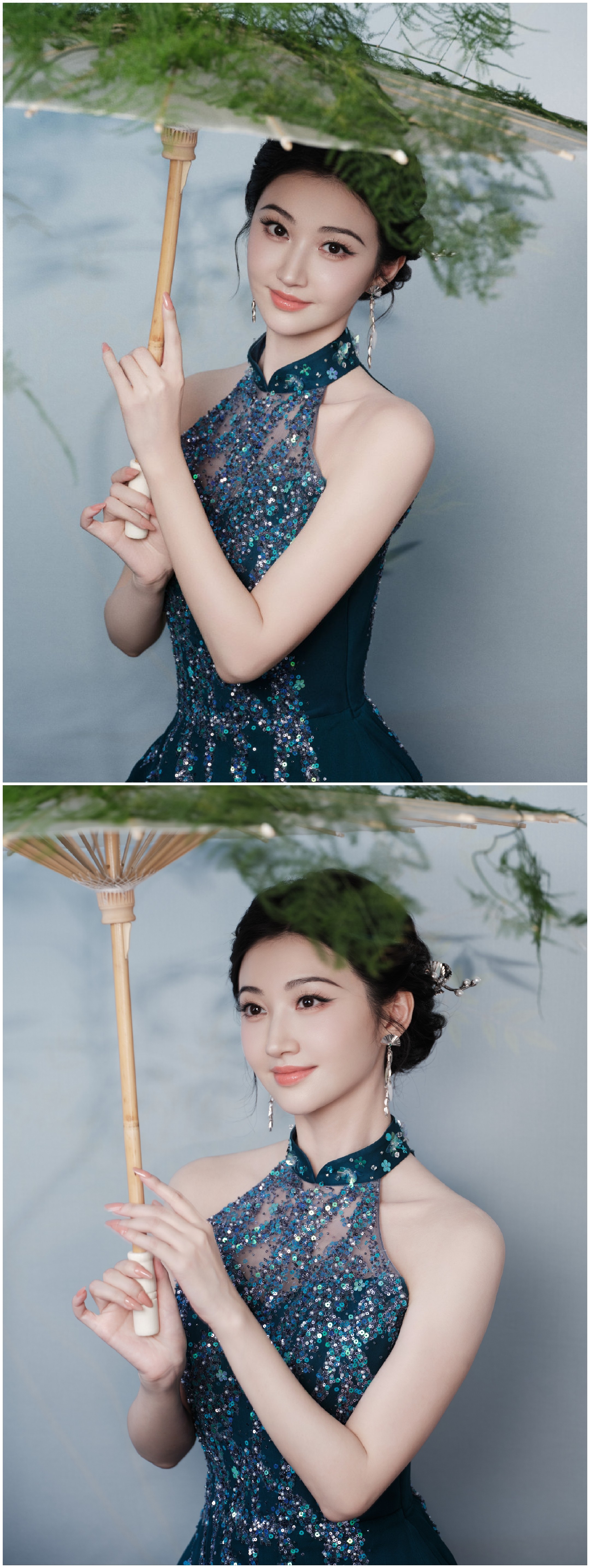 景甜身着深蓝礼裙，优雅气质尽显东方美韵