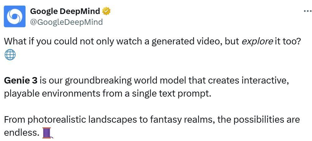 外媒:谷歌DeepMind宣布推出新一代世界模型Genie 3