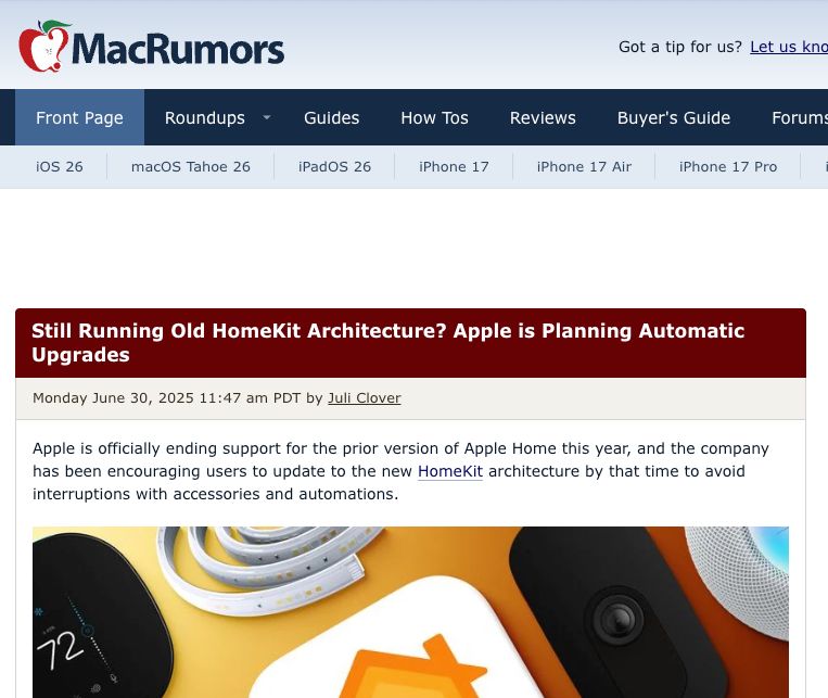 苹果iOS 18.6 Beta 2预警:旧版HomeKit架构今秋停更