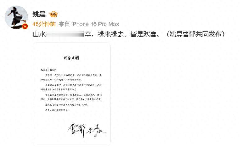 姚晨曹郁离婚多年才官宣!儿女双全、事业搭档,终究没能熬过岁月