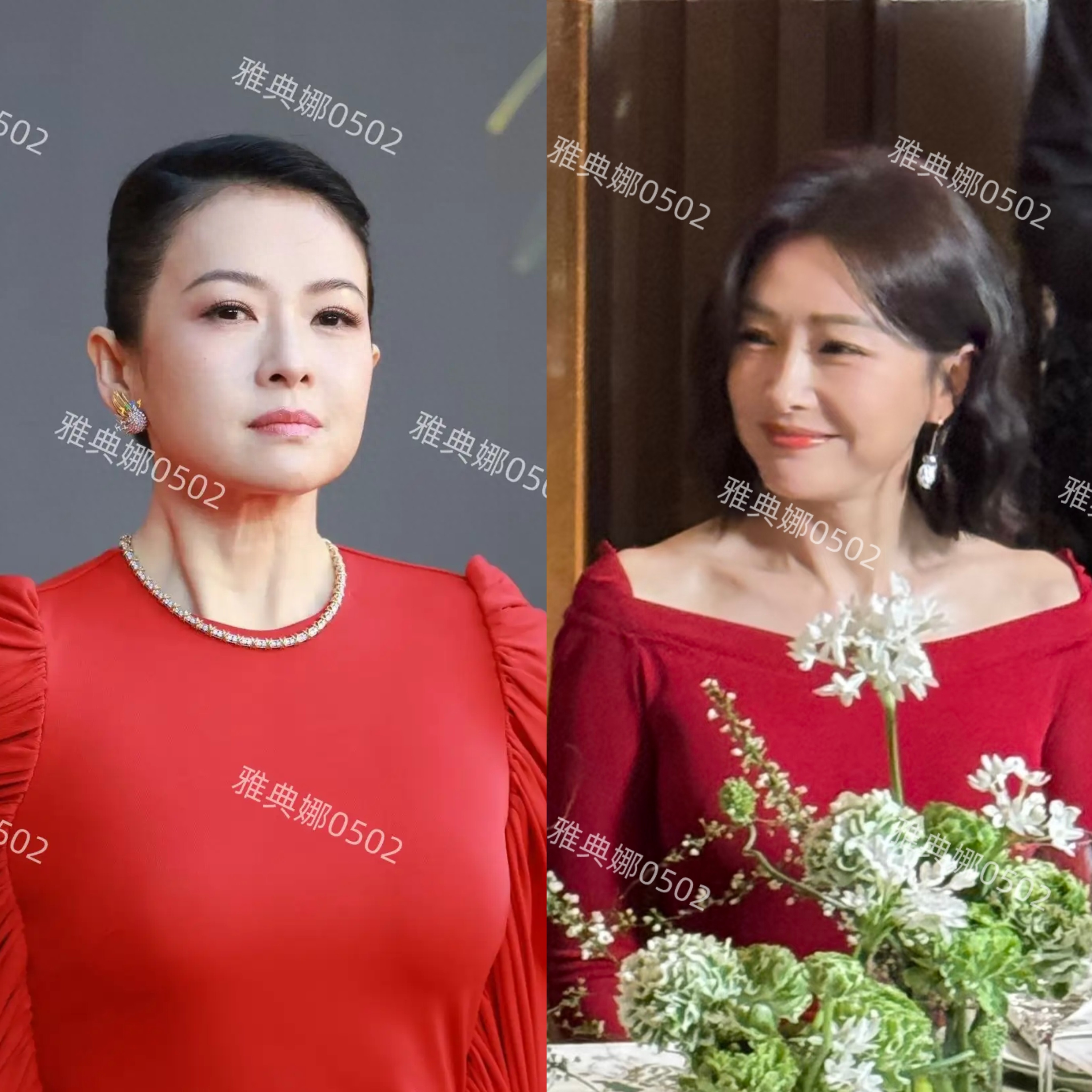 同岁的章子怡和秦岚，同一天都穿大红裙亮相活动，状态都不尽人意