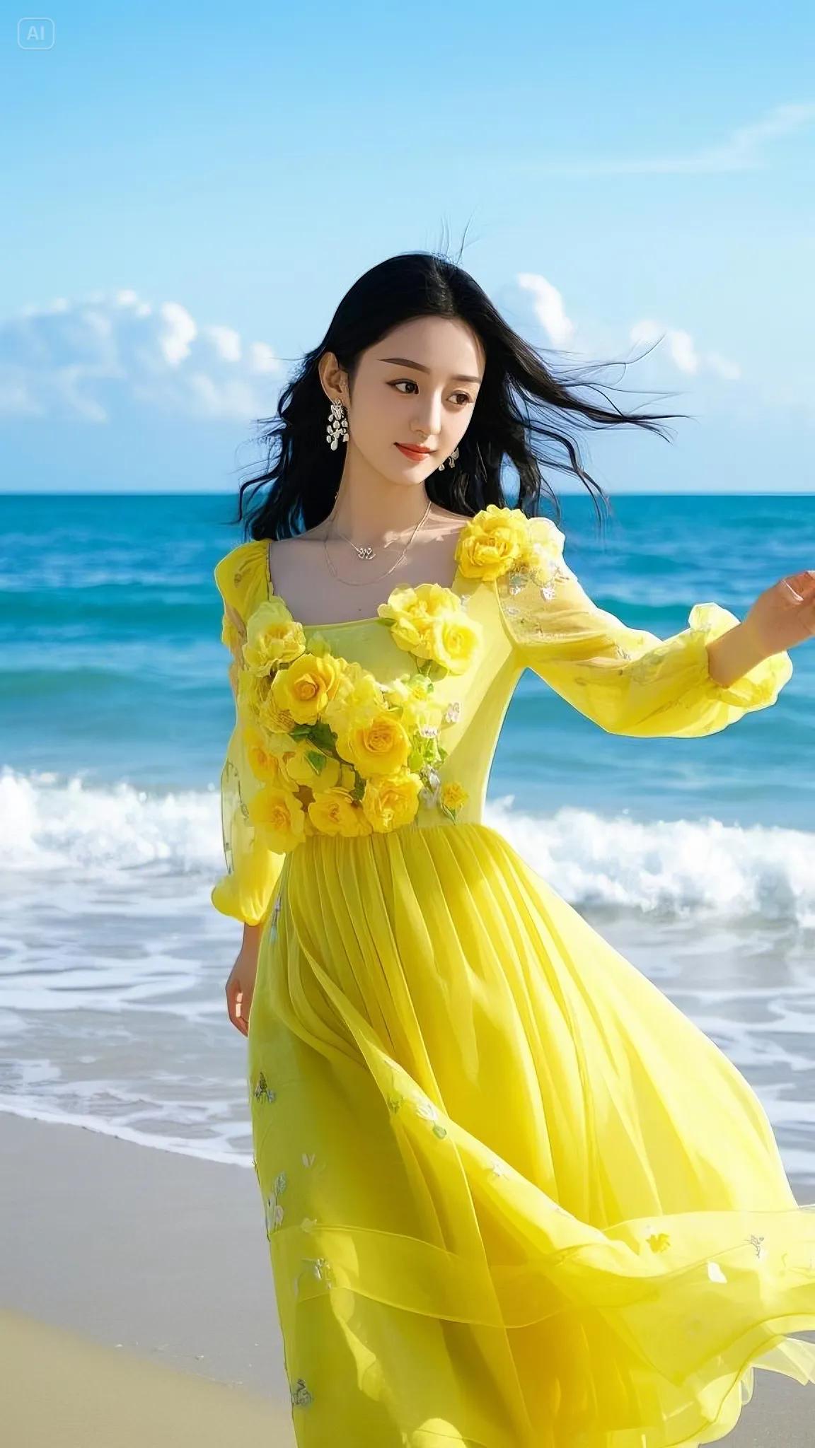 赵丽颖海边黄裙造型太绝了！明媚如向日葵，美到发光
