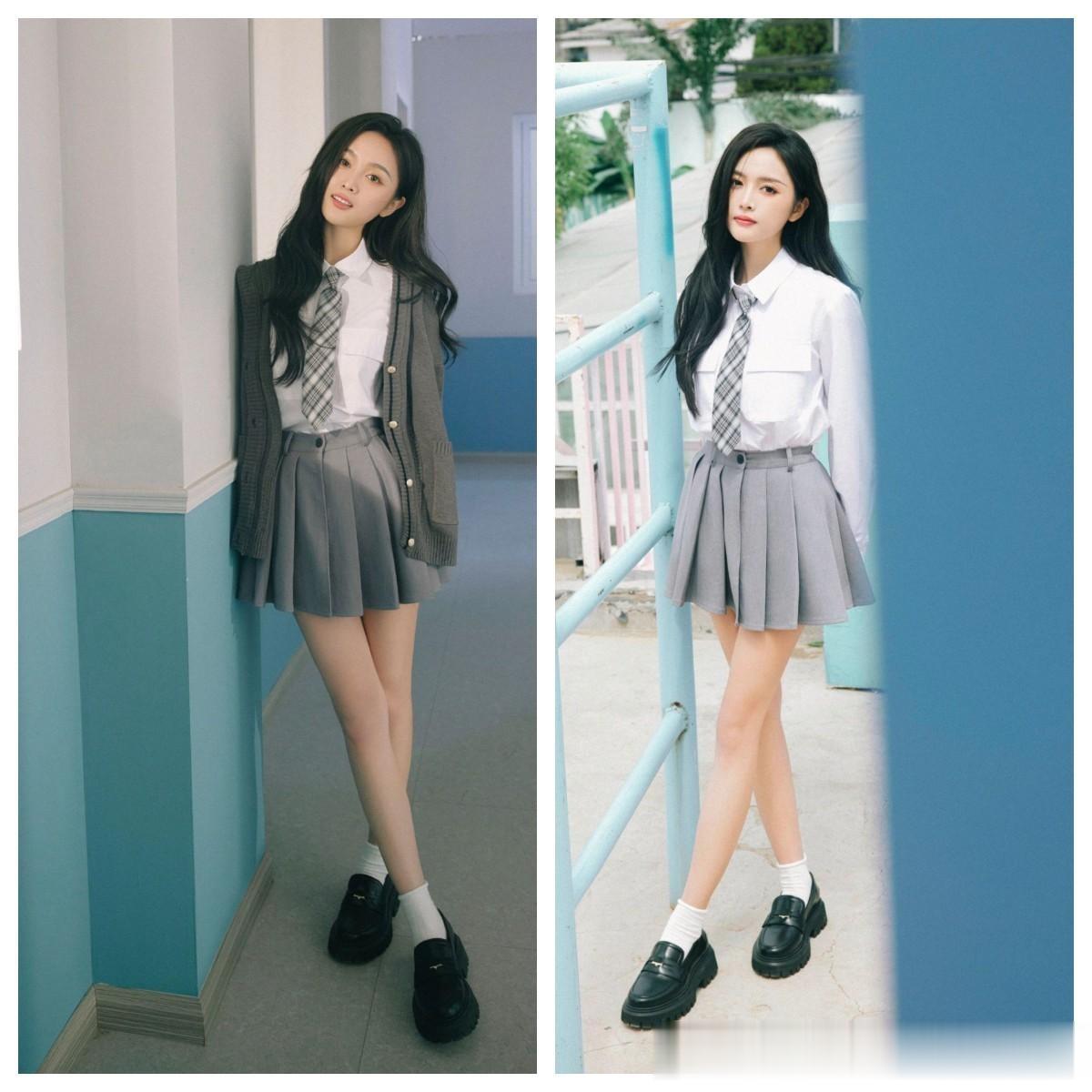 吴宣仪，校园学姐穿，白衬衣小灰裙，美腿白袜子，纯美可人。