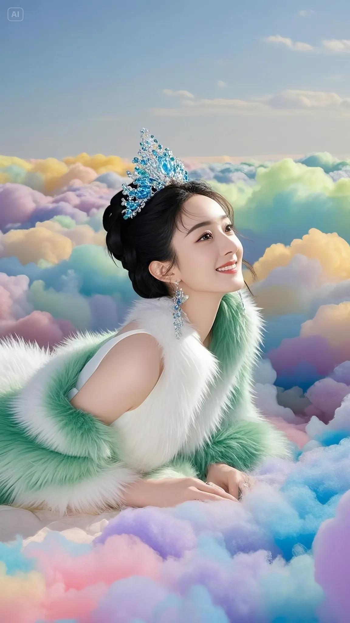 赵丽颖云端造型太仙了！彩虹云雾里的绿衣仙子