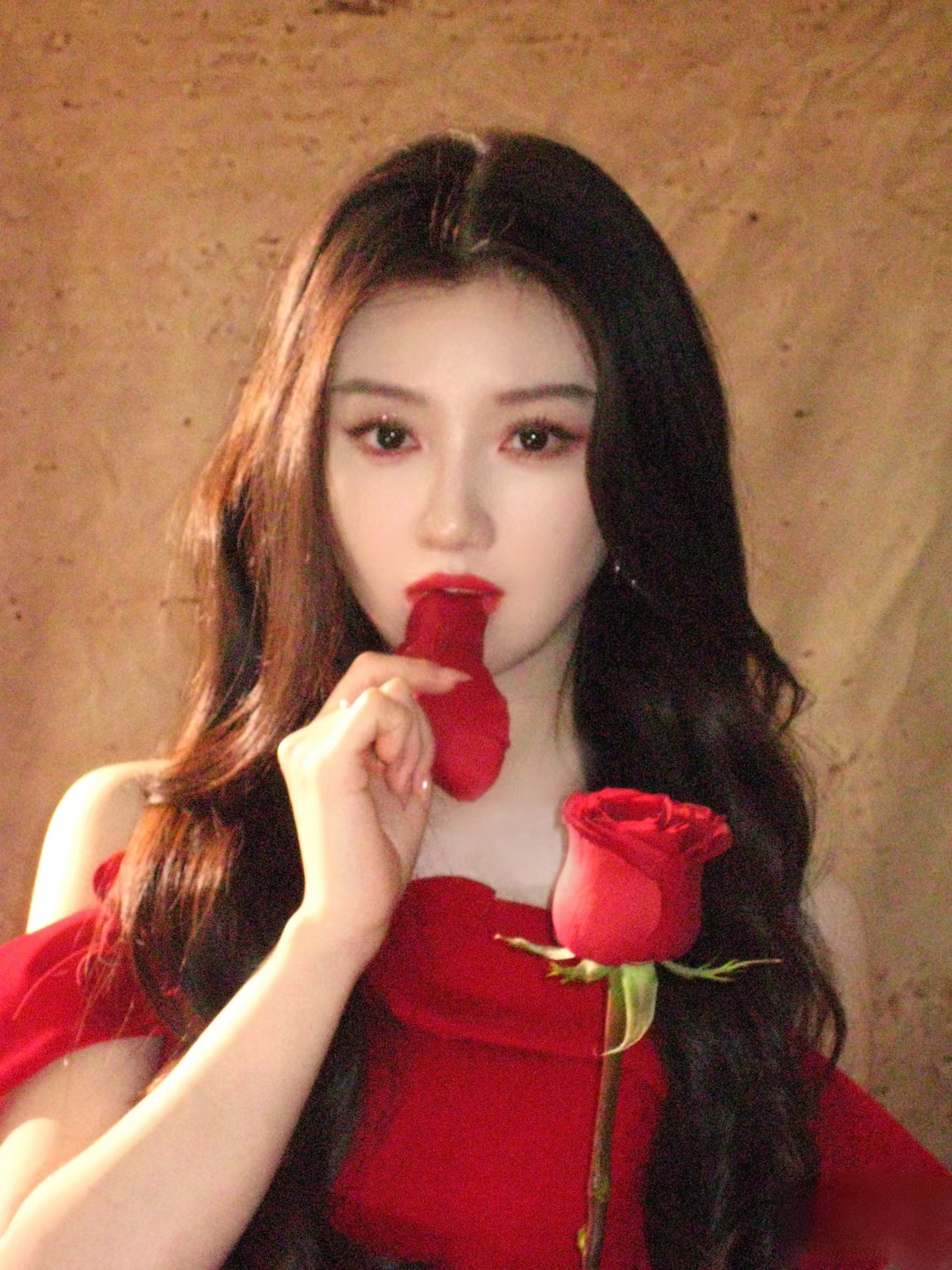 王鹤润分享美照，一袭红裙配微卷长发，美得好耀眼