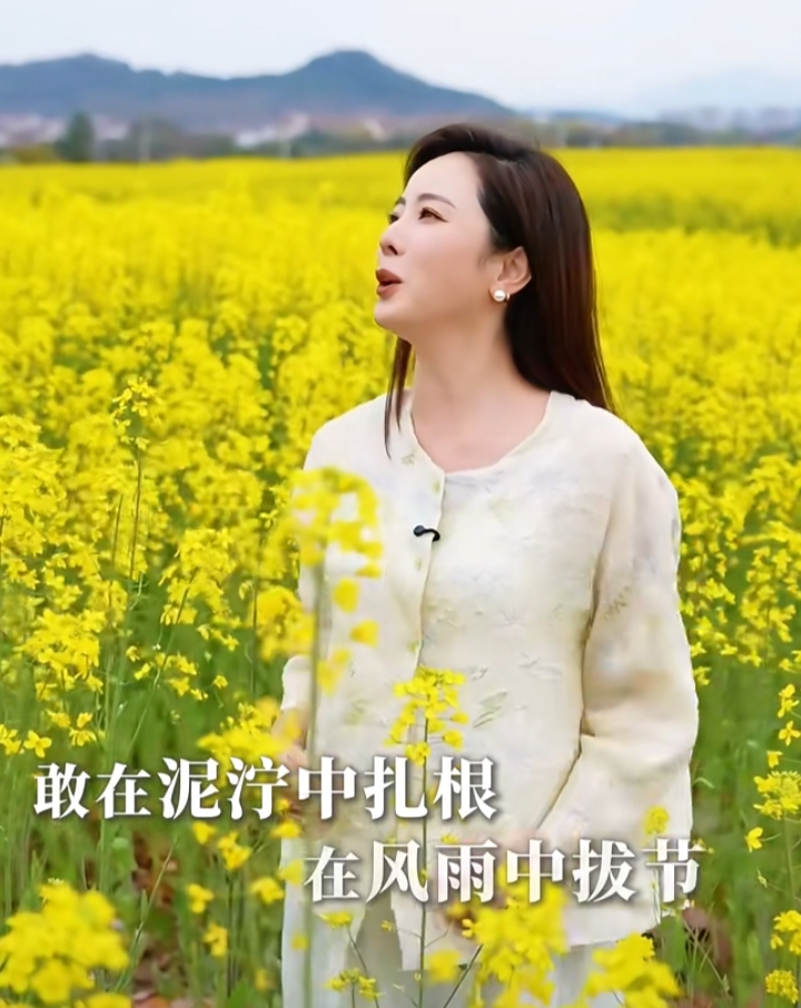 李思思一身简约白裙在油菜花海，柔顺长发，知性优雅美得那么耀眼