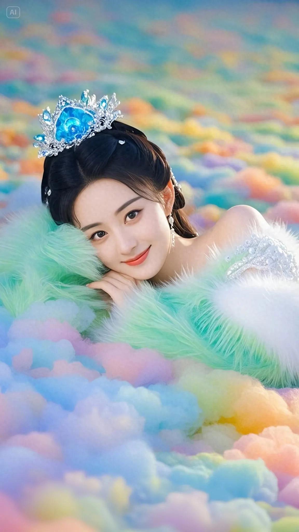 赵丽颖云端造型太仙了！彩虹云雾里的绿衣仙子