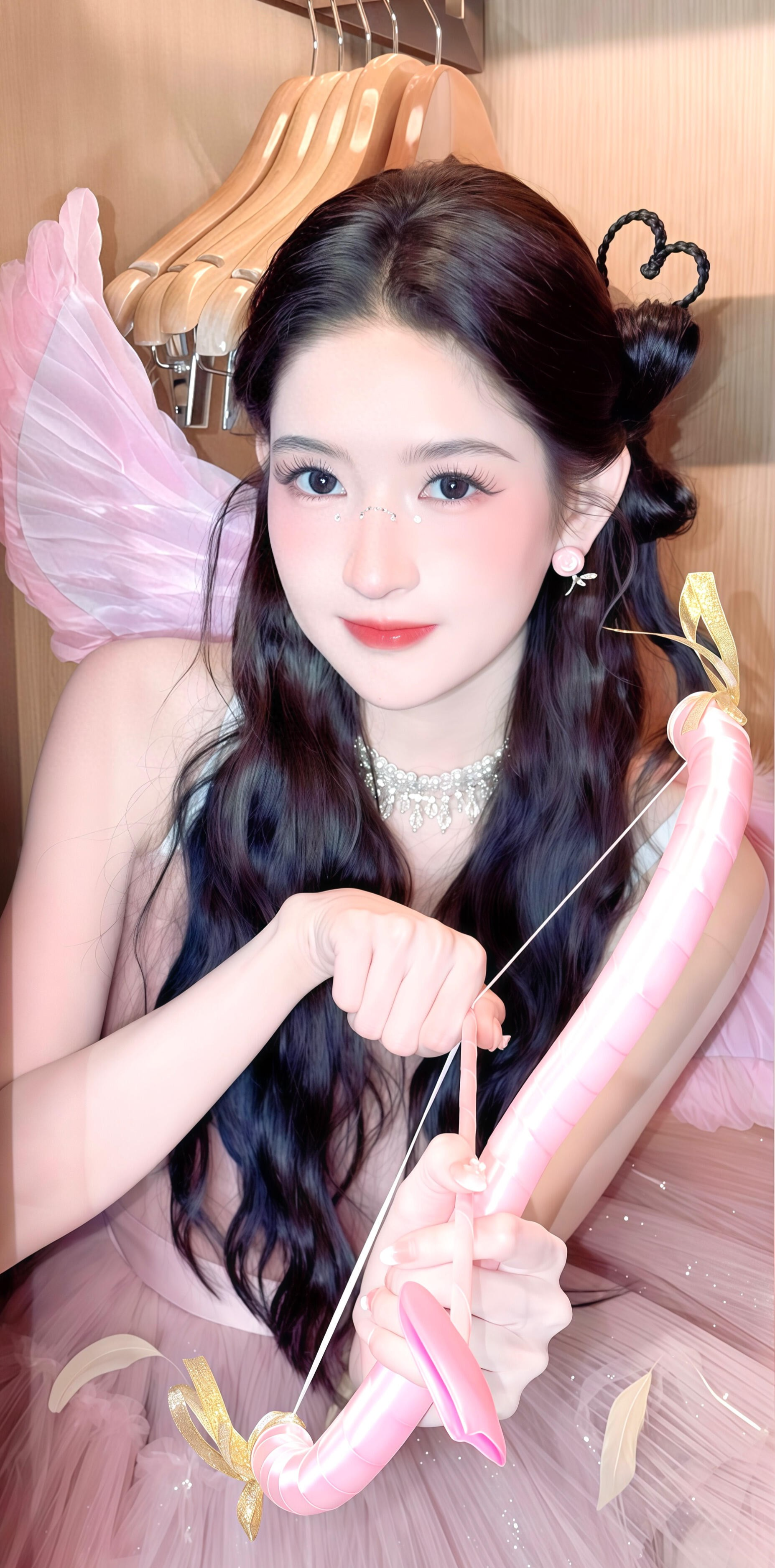 一袭粉色薄纱蓬蓬裙轻盈飘逸，层叠的纱质裙摆自带梦幻滤镜