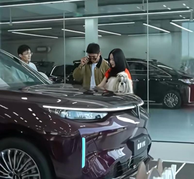 霍思燕杜江去门店看新车，还带小狗上车试驾，有钱人也买40万的车