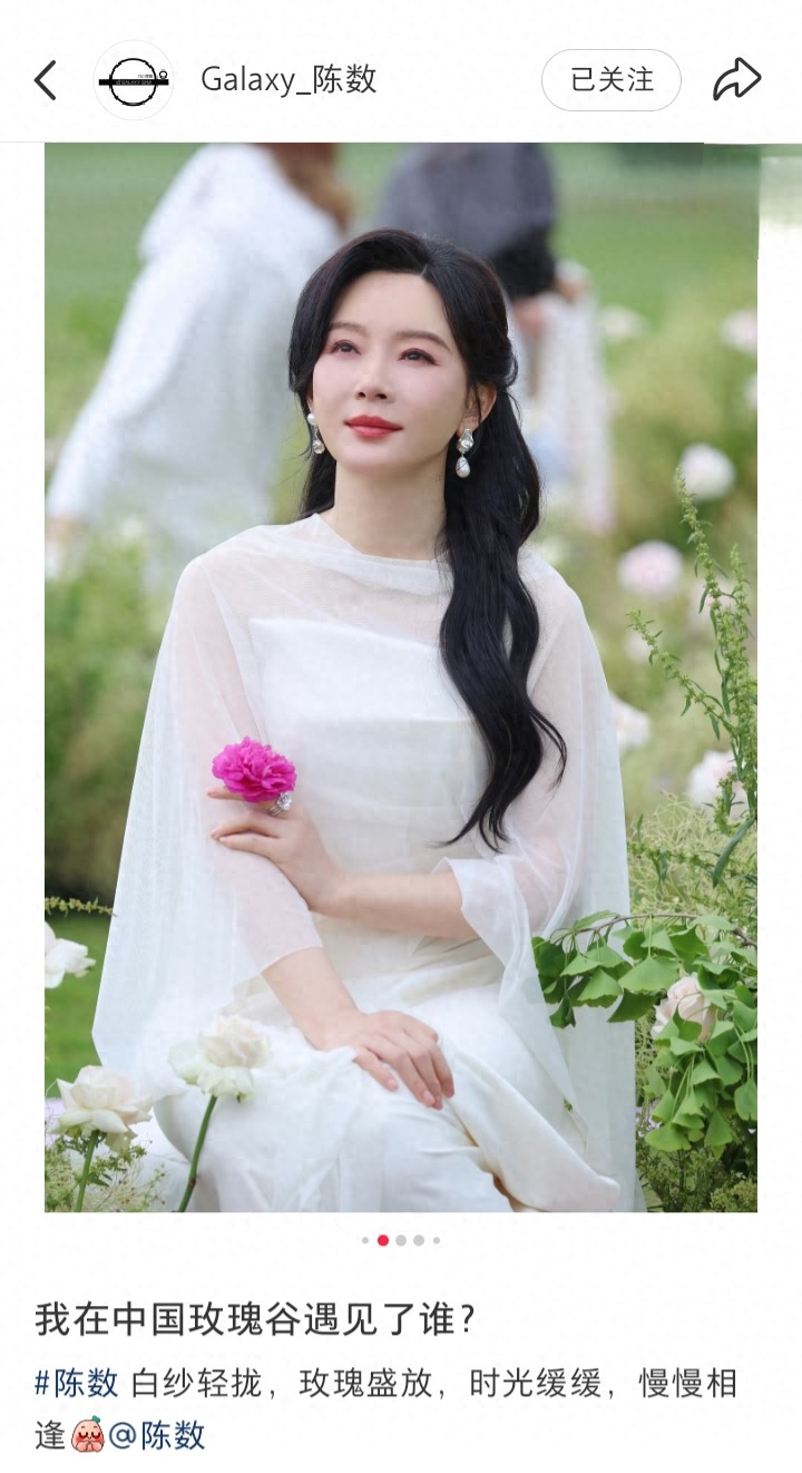 陈数亮相玫瑰谷活动，白色纱裙造型，长发温婉，尽显优雅知性美