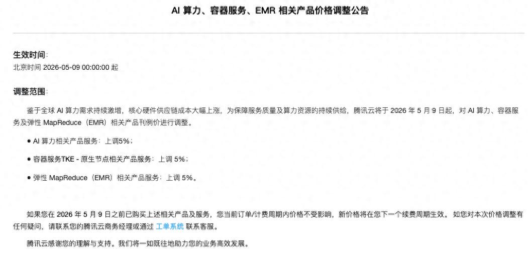 騰訊云官宣漲價：AI算力、容器、EMR都要漲