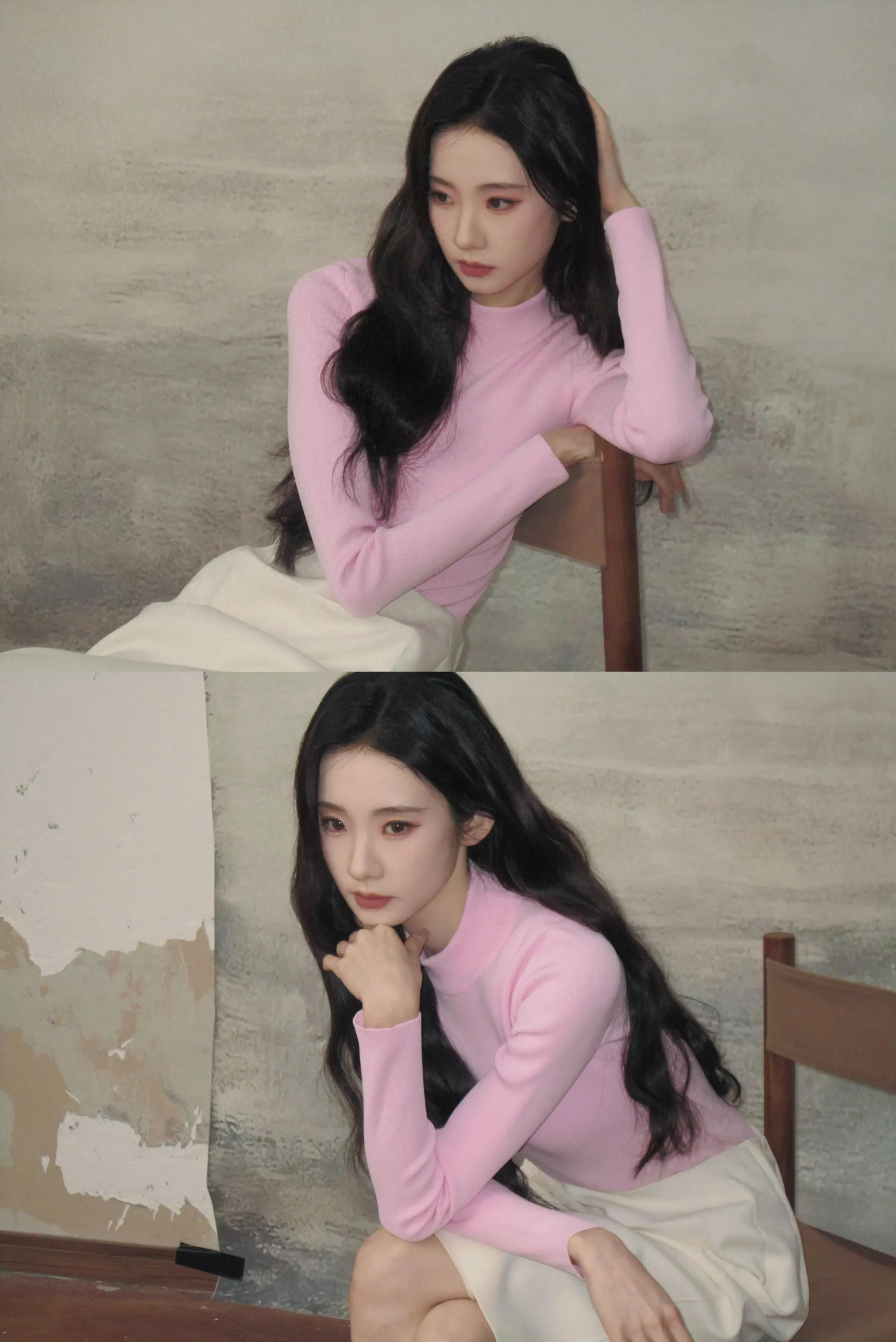 张艺凡,粉色针织毛衣温柔可爱。