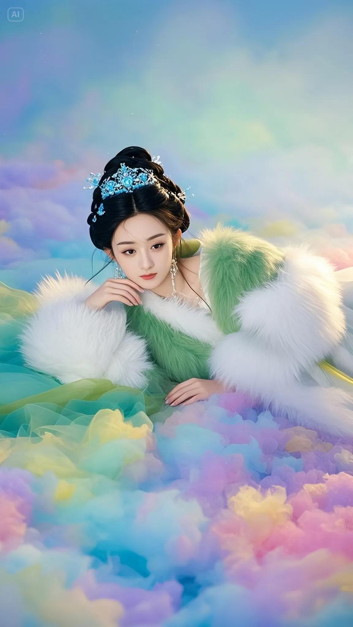赵丽颖云端造型太仙了！彩虹云雾里的绿衣仙子
