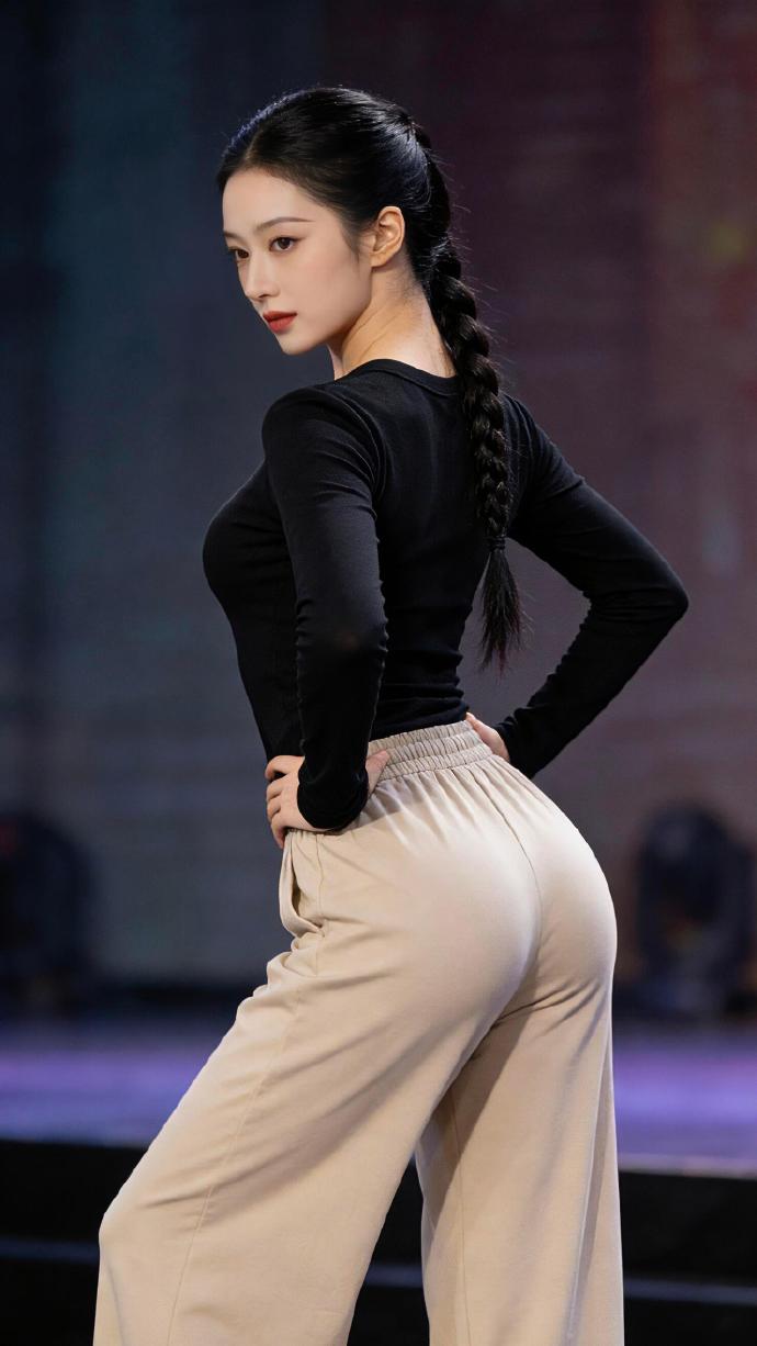王楚然穿黑色上衣搭配米色阔腿裤跳舞真的很带劲。