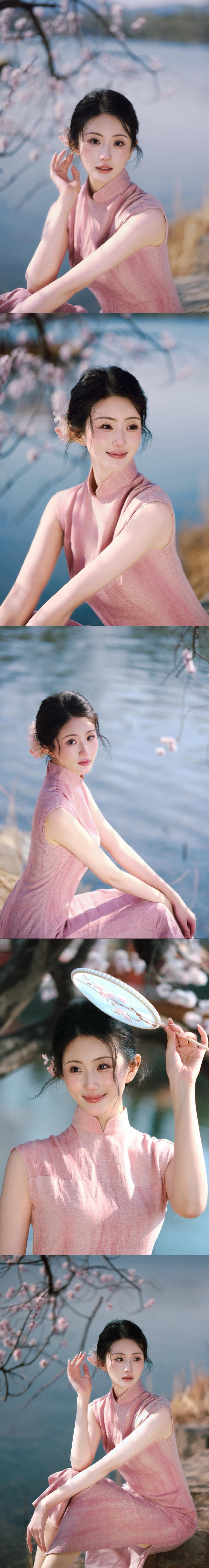 演员赵昕穿着一身淡粉色旗袍，美人如玉，韵味十足