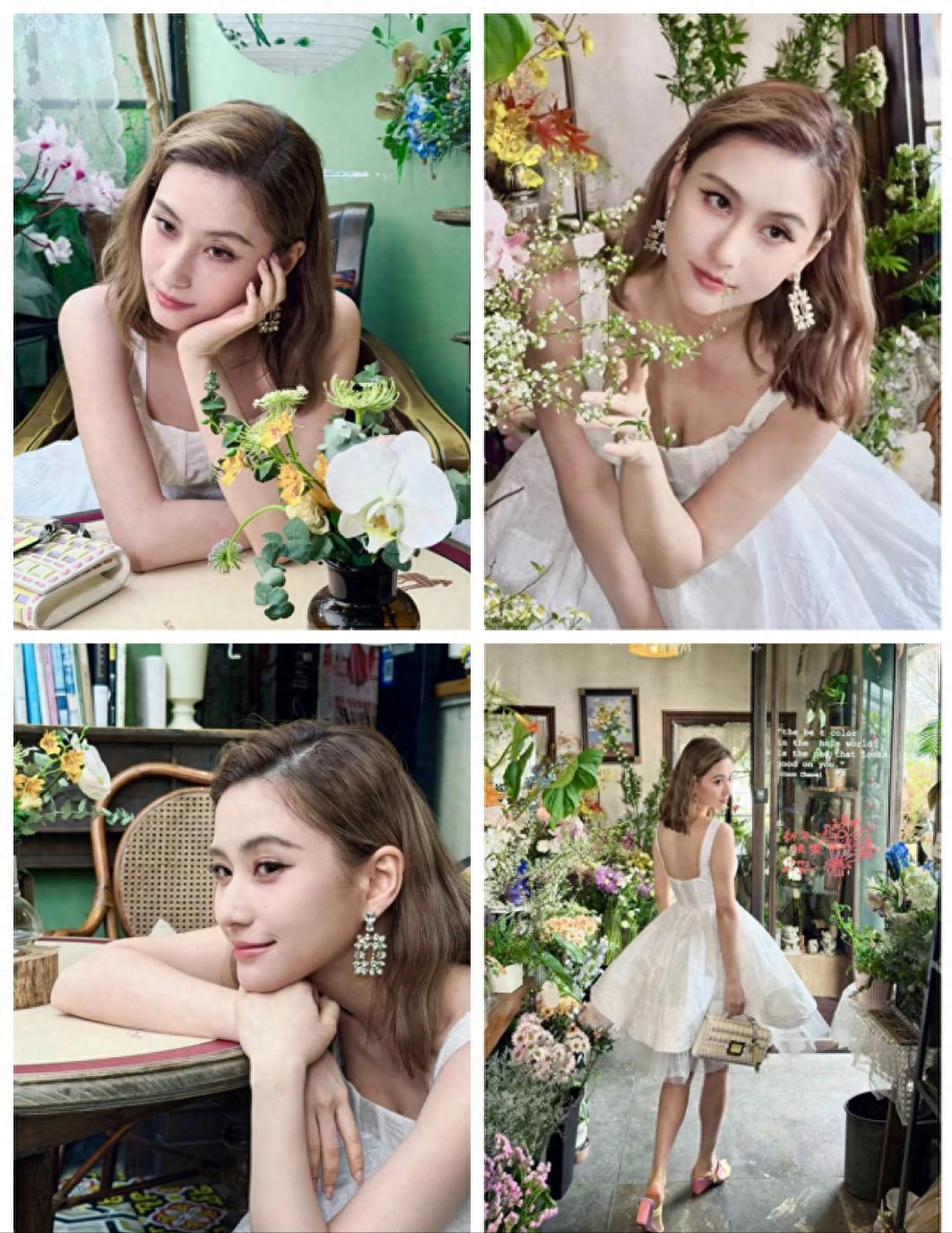 何超莲晒春日穿搭，露背白纱裙一穿，简直就是城堡里的真公主！