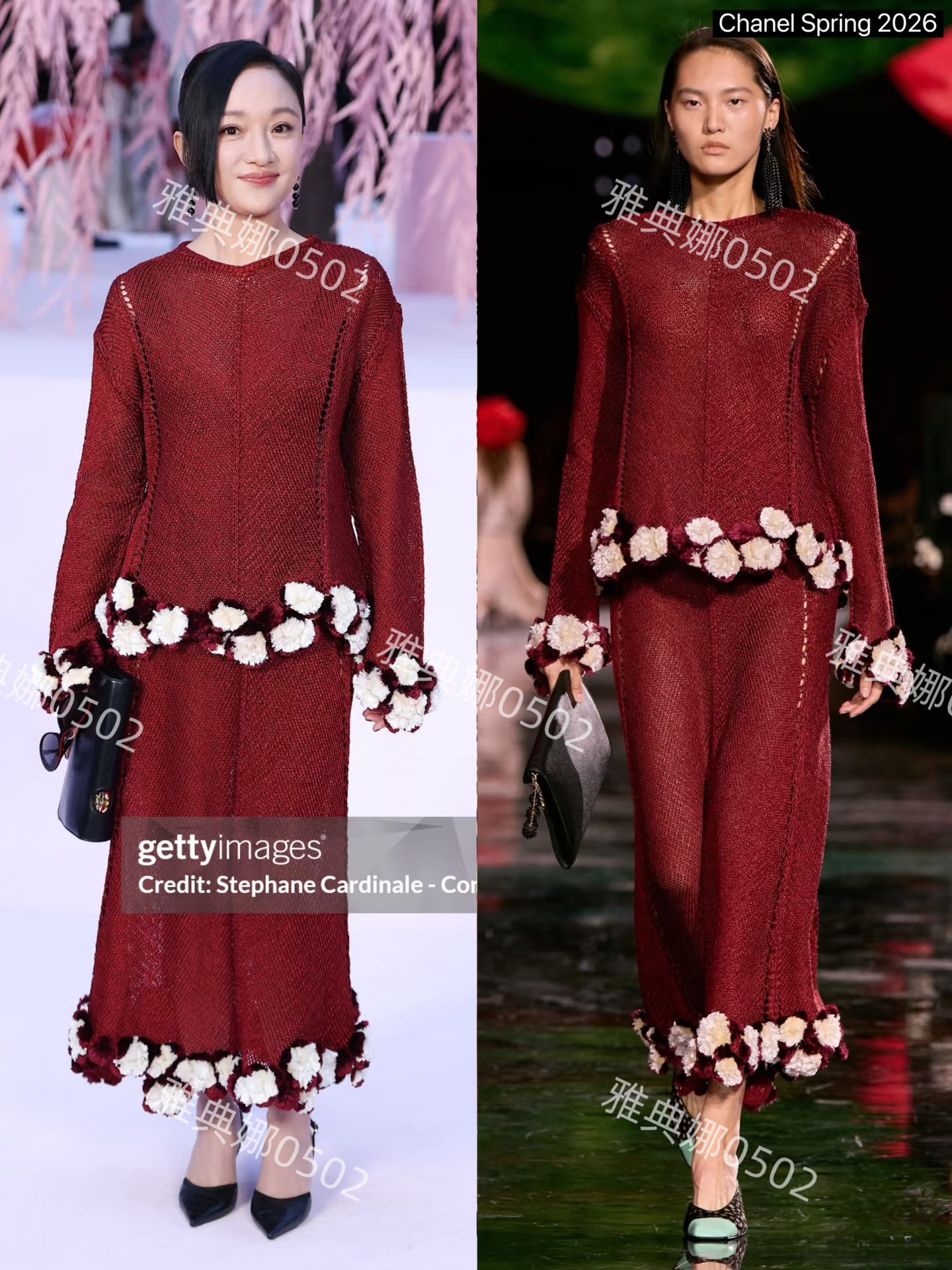 香奈高定秀上的周迅，一身红衣表情灵动但个子小衣服有点撑不起来