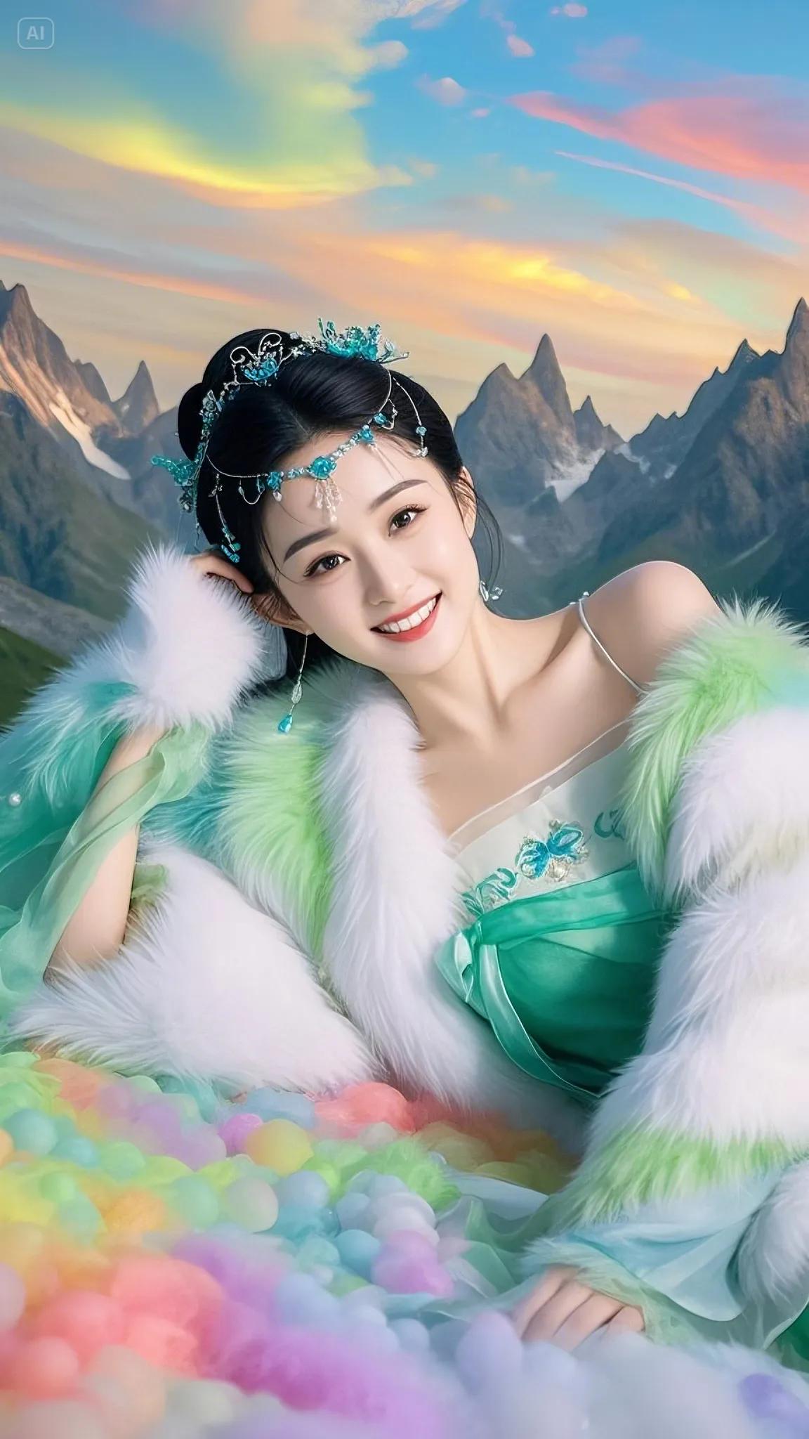赵丽颖云端造型太仙了！彩虹云雾里的绿衣仙子