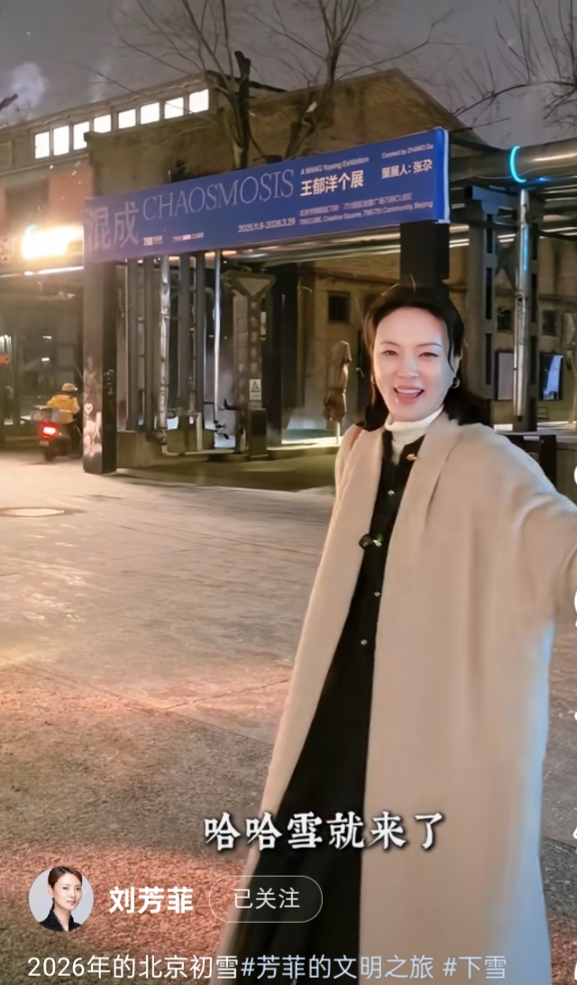 刘芳菲迎2026初雪，一袭宽松米白大衣，美成冬日画报